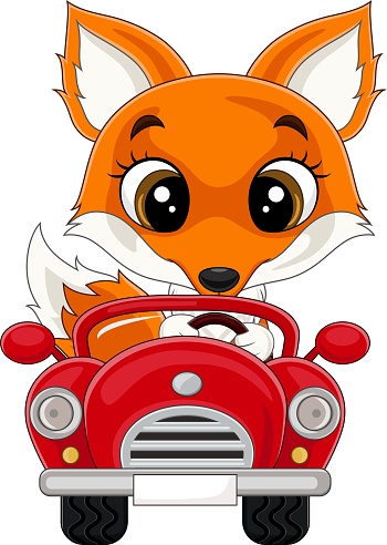 Cartoon baby fox driving red car