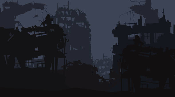 cartoon background of the ruins of the city of post apocalypse cartoon background of the ruins of the city of post apocalypse destruction stock illustrations