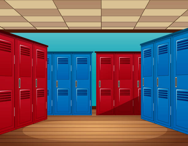 ilustrações de stock, clip art, desenhos animados e ícones de cartoon background with rows of colorful locker - changing room