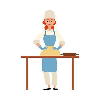 Cartoon baker kneading dough - woman in chef hat and apron standing by table
