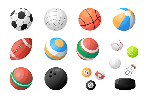 Cartoon ball items. Sport equipment for football play. Volleyball games. Baseball or golf. Badminton shuttlecock. Hockey puck. Rugby and basketball tools. Vector realistic spheres set