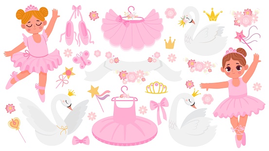 Cartoon ballet shoe, clothing, dancing ballerinas and swans. Cute ballet dance accessories and decoration. Flowers, crowns, tutu vector set