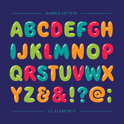 Cartoon balloon font. Colorful letters with glare