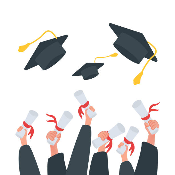 Cartoon banner graduates throw their caps and diplomas. The end of College. Vector illustration of education Cartoon banner of College graduation. Vector illustration of education chancellor stock illustrations