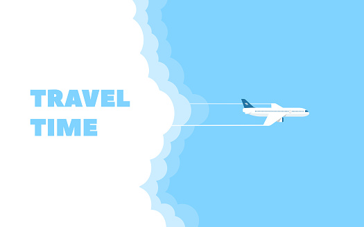Cartoon banner of the flying plane and cloud on blue sky background. Concept design template of time to travel. Vector illustration in flat style.