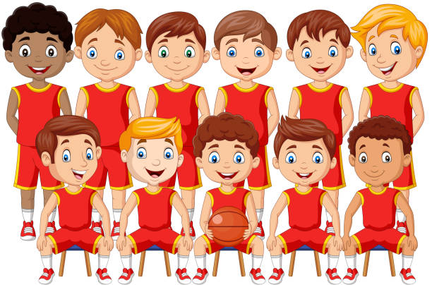 stockillustraties, clipart, cartoons en iconen met cartoon basketbal kids team in uniform - hogeschool rood samen