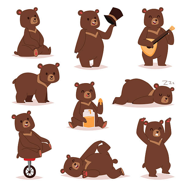 Cartoon bear vector set. Collection of cute cartoon bear emotions icon. Brown character happy smiling bear drawing mammal teddy smile. Cheerful mascot cartoon bear grizzly, young, baby animal zoo collection. brown bear stock illustrations