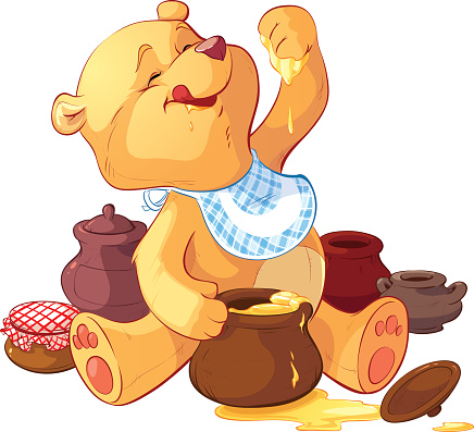 Cartoon bear wearing bib eating honey with paw from pot