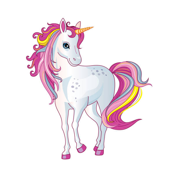 Cartoon beautiful unicorn with rainbow mane on white background. Children's illustration suitable for print and sticker. Isolated image with magic horse or pony. Fairytale animal. Wonderland. Vector.  pony stock illustrations