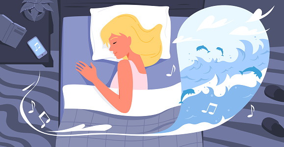 Cartoon beautiful young woman character lying in bed in bedroom interior, listening to relax music background. Happy healthy sleeping girl, calm music in phone player, relaxation vector illustration.