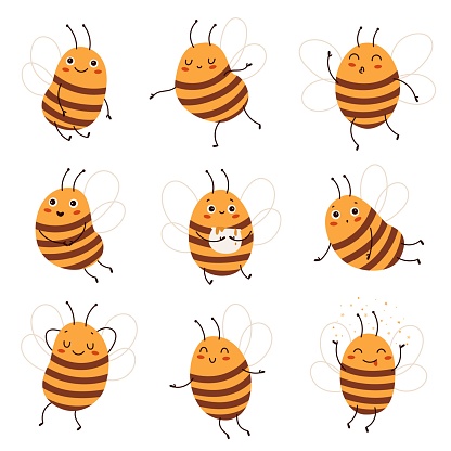 Cartoon bee. Cute funny honeybee characters, different poses and positive emotions, pretty striped insect with transparent wings, kids adorable doodle insects, vector isolated set