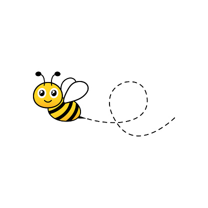 Cartoon bee icon. Bee flying on a dotted route isolated on the white background. Animal happy character. Vector illustration.
