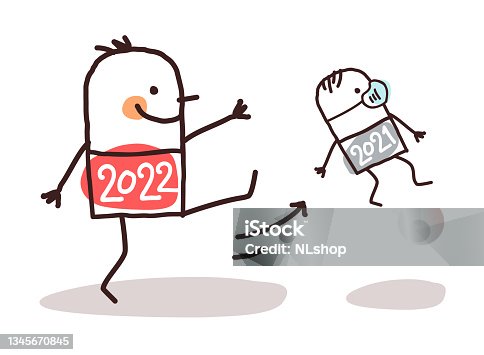 istock Cartoon Big 2022 Man Kicking Out a Small 2021 with Mask 1345670845