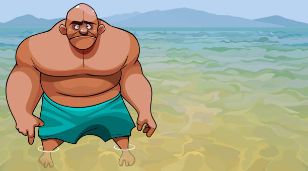 ilustrações de stock, clip art, desenhos animados e ícones de cartoon big bald man stands in the clear water of the blue sea - bald beach