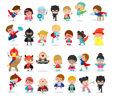 Cartoon big set of Kid Superheroes wearing comics costumes,Kids With Superhero Costumes set, kids in Superhero costume characters isolated on white background, Cute little Superhero Children