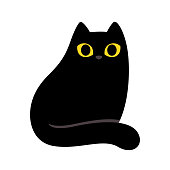 Cartoon black cat with yellow eyes. Simple and minimal sitting cat drawing, cute vector illustration.