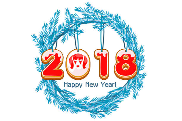 stockillustraties, clipart, cartoons en iconen met de kroon van de cartoon blauwe spar happy new year, cookie 2018 jaar hond vector - hangplant wood