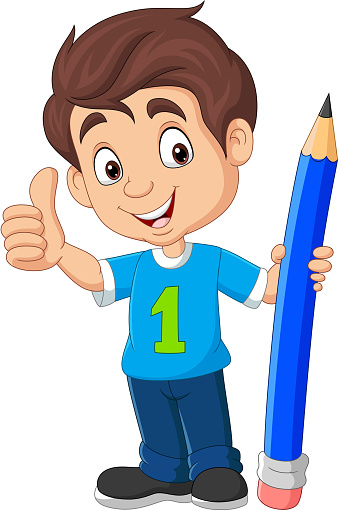 Cartoon boy holding a big pencil and showing thumb up