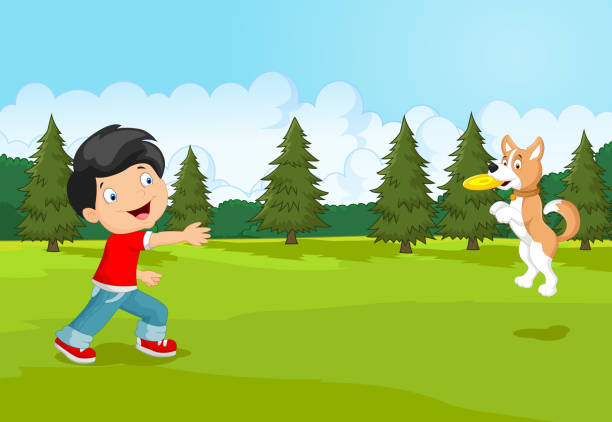Cartoon boy playing Frisbee with his dog Vector illustration of Cartoon boy playing Frisbee with his dog  frisbee stock illustrations