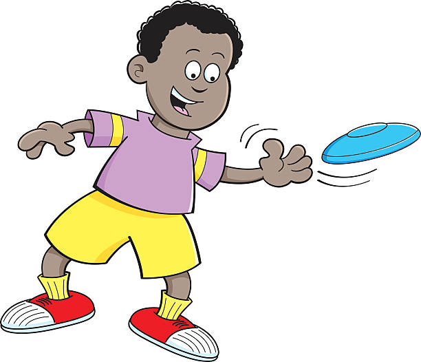 Cartoon boy playing with a flying disk. Cartoon illustration of a boy throwing a flying disc. frisbee clipart stock illustrations