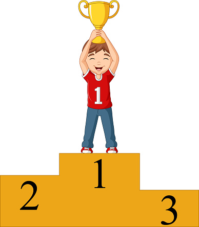 Cartoon boy standing on the winning podium holding a trophy