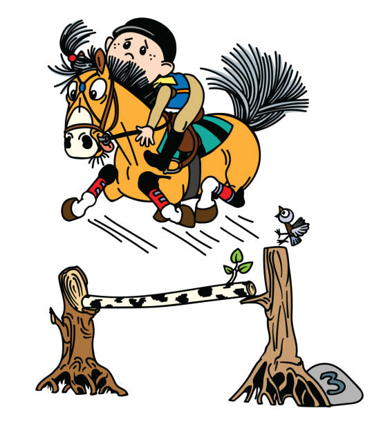 bildbanksillustrationer, clip art samt tecknat material och ikoner med tecknad pojke utbildning hans ponny - hinder häst