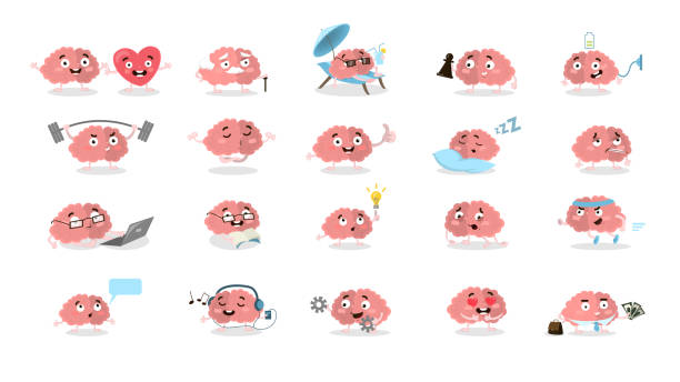 Cartoon brain set. Cartoon brain set. All emotions and situations as exercising and reading, in love and angry. running borders stock illustrations