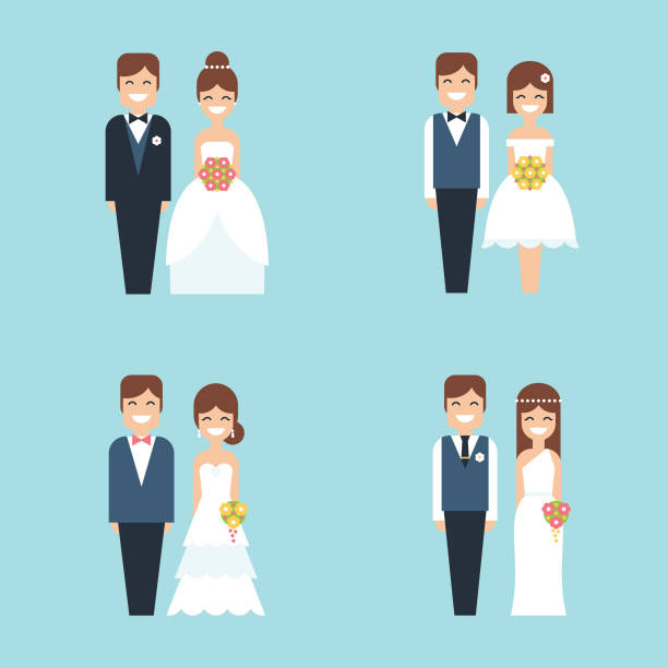 Cartoon bride and groom happy smiling wedding couple flat vector icon set Set of four vector illustrations/icons with happy smiling cartoon couples in different outfits, bride and groom on their wedding day in simple flat design. bride stock illustrations