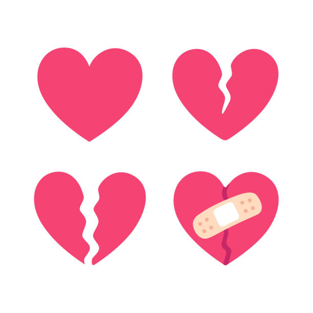 Cartoon broken heart set Cartoon broken heart set, crack fixed with bandage. Breakup and heartbreak symbol. Simple flat vector style clip art illustration. divorce designs stock illustrations