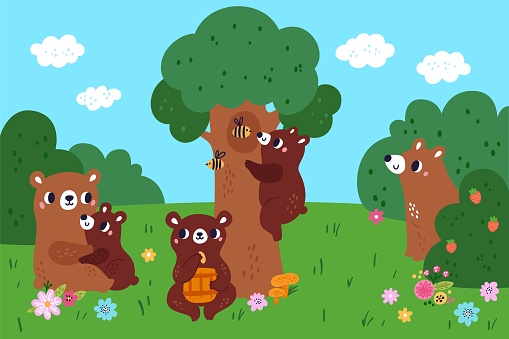 Cartoon brown bear in forest. Wild animal group in clearing. Mom with child. Grizzlies collecting and eating honey. Flowers and berries. Woodland fauna. Predator mammals. Vector concept