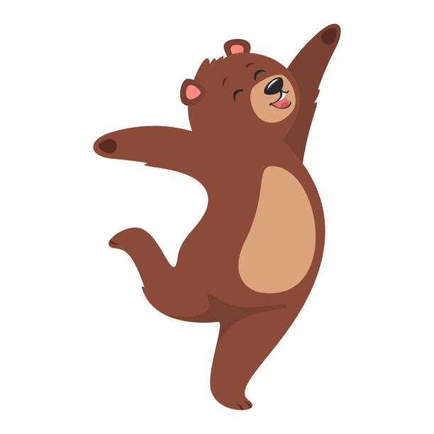 cartoon brown grizzly bear Cartoon vector illustration of brown grizzly bear, isolated on white background. Teddy jumps from happiness. brown bear stock illustrations
