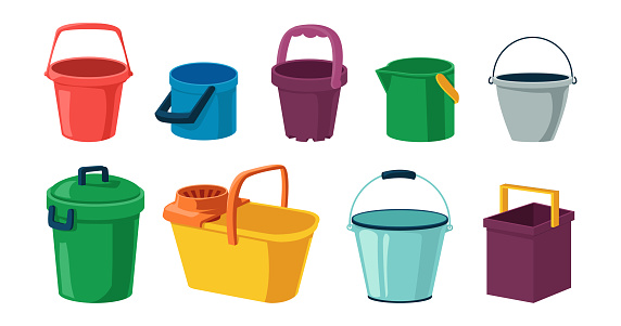 Cartoon bucket. Plastic and metal container with lid and handle for water. Open or closed tanks collection. Garbage cans. Household cleaning or garden tools. Vector bright pails set