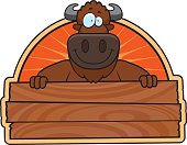 A cartoon illustration of a buffalo with a wooden a sign.