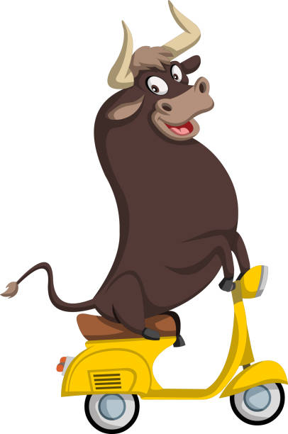 ilustrações, clipart, desenhos animados e ícones de touro de desenho animado montando uma scooter pequena. - gado brasil