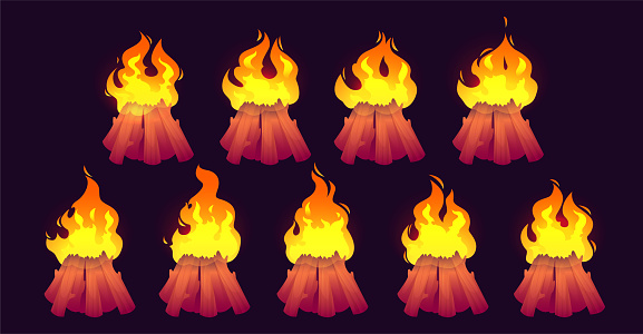 Cartoon burning camp fire flames with, campfire