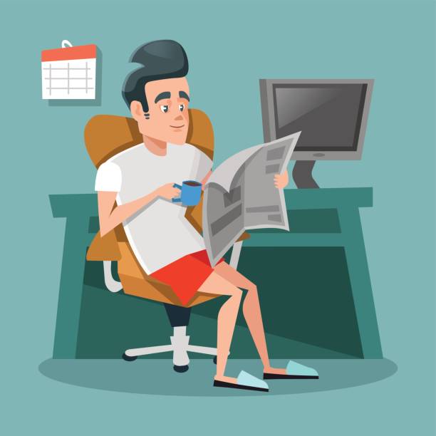 illustrazioni stock, clip art, cartoni animati e icone di tendenza di cartoon businessman lettura giornale con caffè - young man read newspaper