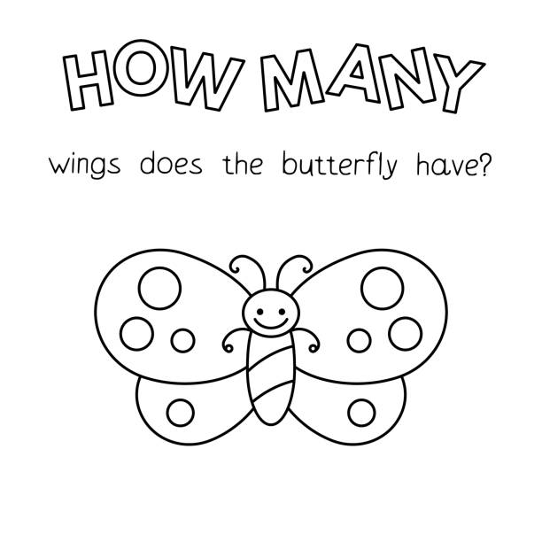 Cartoon Butterfly Counting Game Coloring Book Cartoon butterfly counting game. Vector coloring book pages for children education. How many wings does the butterfly have butterfly coloring stock illustrations