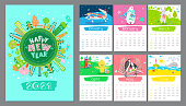 Cartoon Calendar 2021 year with cover. Seasonal illustrations with animals. Winter, Spring, Summer vector background. January, February, March, April, May, June. Childish Organizer, vector planner