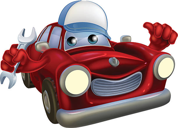 Cartoon car mechanic character A drawing of a red cartoon car mascot wearing a baseball hat and holding a wrech while giving a thumbs up. mechanic clipart stock illustrations