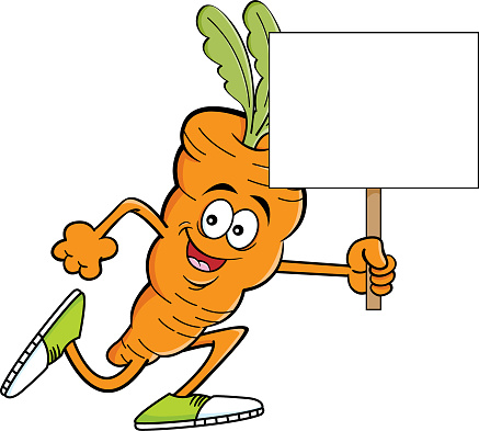 Cartoon carrot running while holding a sign.