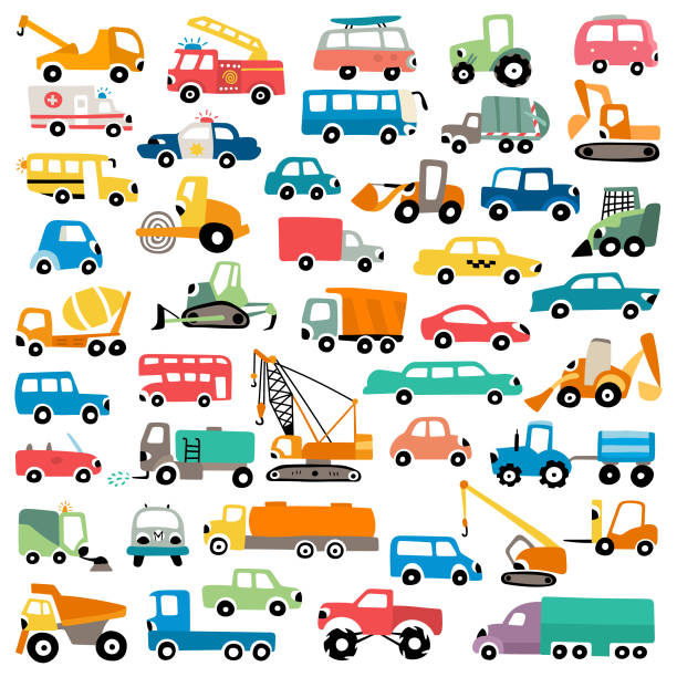 Cartoon cars vector illustration set Cute funny cars for kids vector set truck patterns stock illustrations