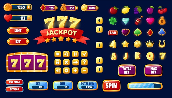 Cartoon casino slot machine mobile app game ui assets. Gambling games design interface elements, icons, buttons, progress bar vector set. Online spinning, having mobile entertainment