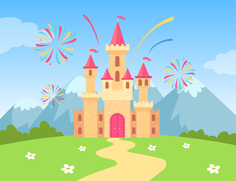 Cartoon castle with fireworks at daytime vector illustration