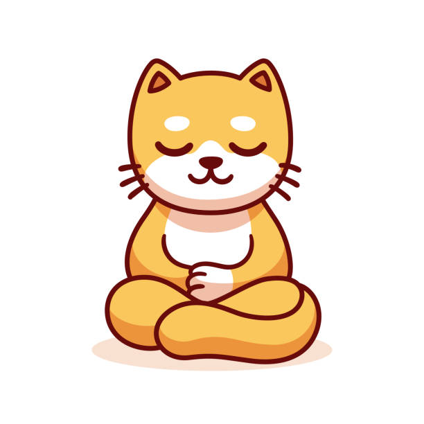 Cartoon cat meditating Cat sitting in meditation, cartoon drawing. Cute funny ginger kitty meditating in lotus position, vector clip art illustration. yoga clipart stock illustrations