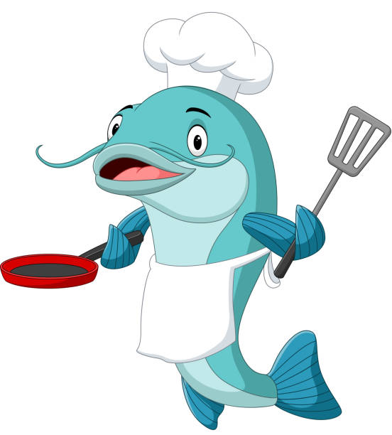 Cartoon catfish chef holding a frying pan and spatula Vector illustration of Cartoon catfish chef holding a frying pan and spatula fish fry stock illustrations
