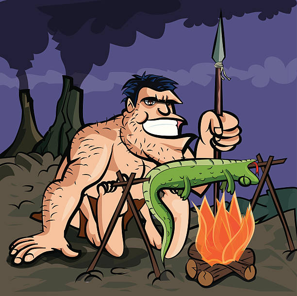 ilustrações de stock, clip art, desenhos animados e ícones de mulher homem das cavernas bbq - fire caveman