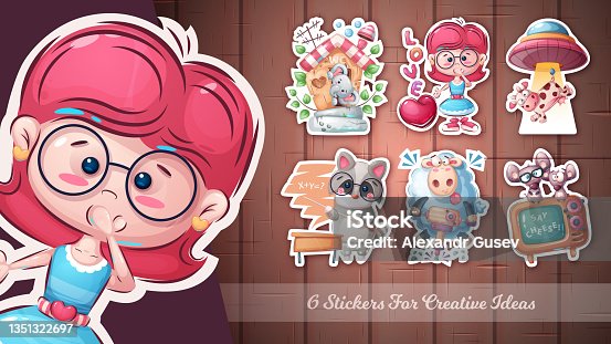 istock Cartoon character animal and girl cute sticker 1351322697