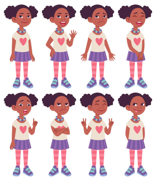 Cartoon character design model sheet. Black African American girl. Set of different standing poses, gestures and facial expressions. Vector illustration isolated on white background black hair stock illustrations