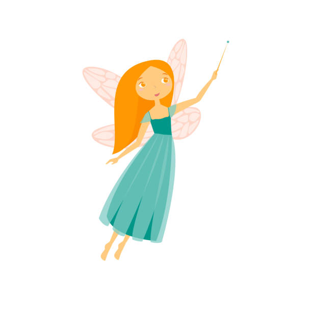 Cartoon Character Fairiy Girl with Wings. Vector Cartoon Character Fairiy Girl Cute Fantasy Magic Women with Wings and Stick Concept Element Flat Design Style. Vector illustration fairy stock illustrations