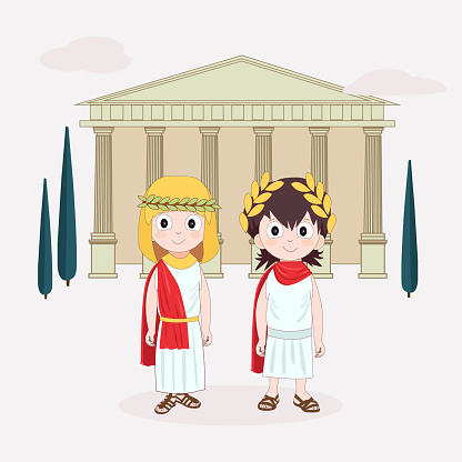 古代の衣装を身に着けている漫画のキャラクターの女の子と少年子供のための古代ローマ背景に神殿と木があるベクトルイラスト ギリシャ文化のベクターアート素材や画像を多数ご用意 Istock